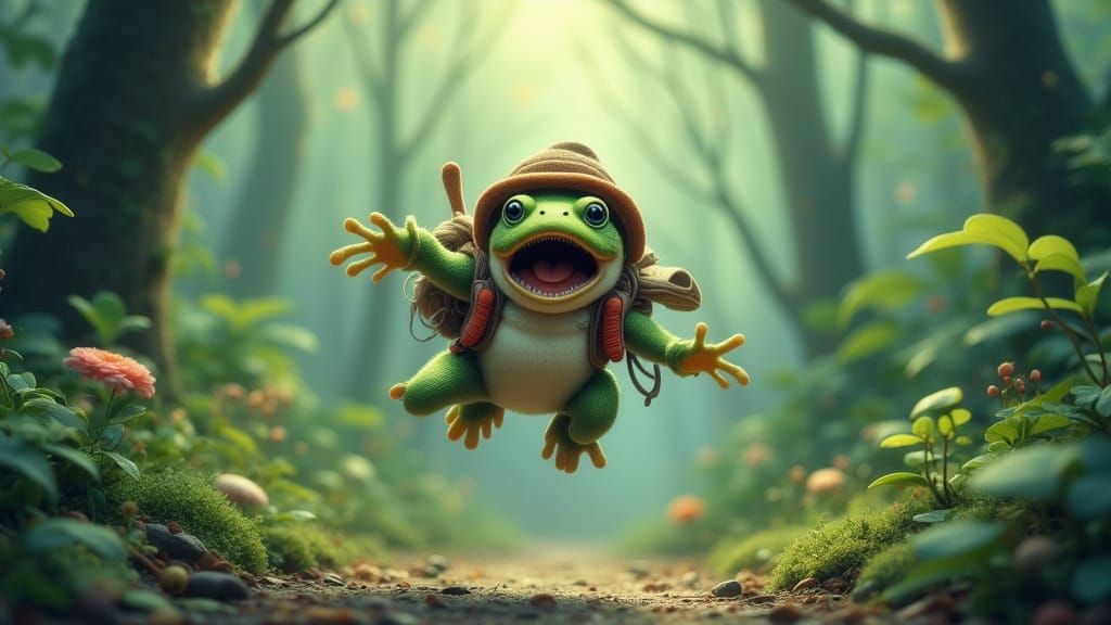Startled Frog Leaping in Misty Forest, Digital Art