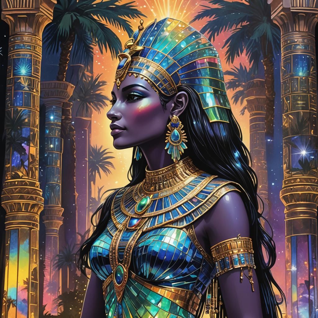 Egyptian Queen with Crystal Temple in Blacklight