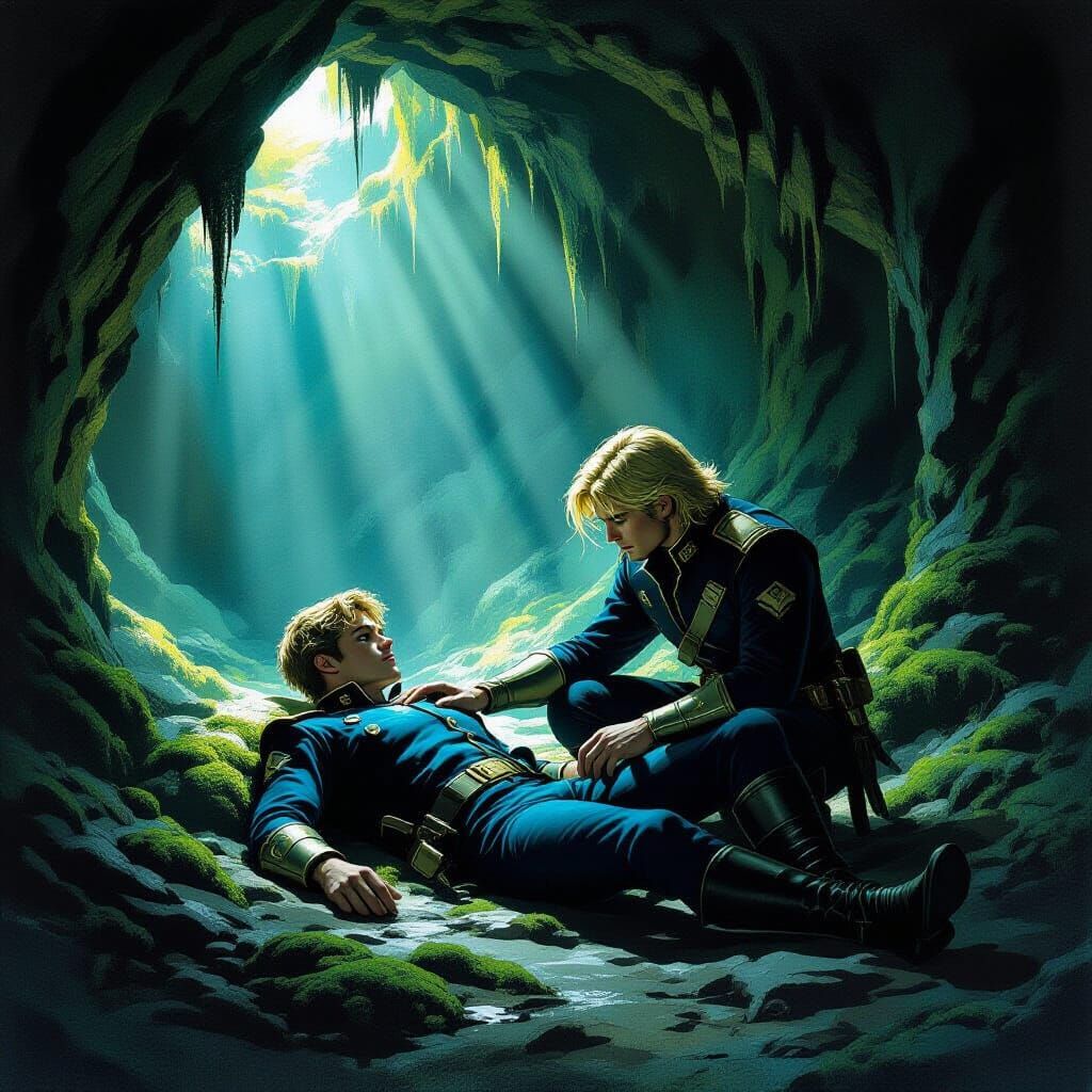 Dark Fantasy Cavern Discovery: Young Man Found in Dim Light