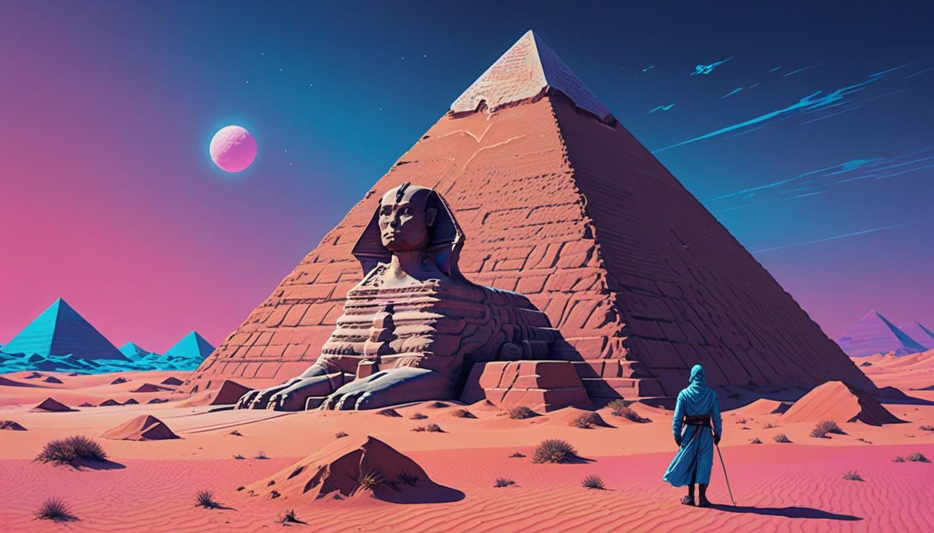 Vaporwave Sphinx Guards a Neon Pyramid