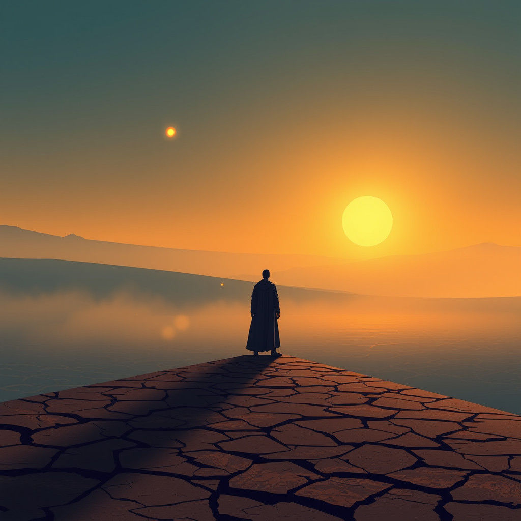 Contemplative Figure at the Edge of Barren Landscape