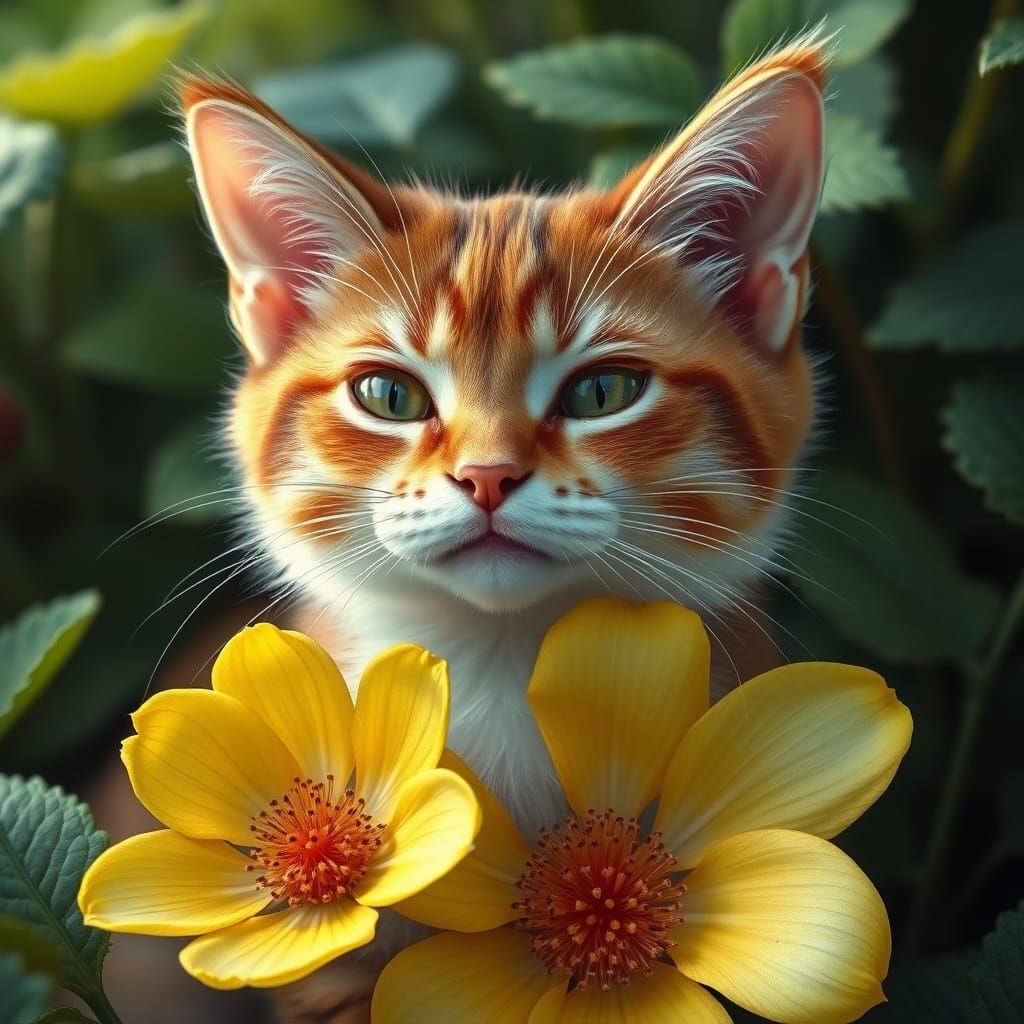 Hyper-Realistic Strawberry Cat in a Vibrant Floral Scene