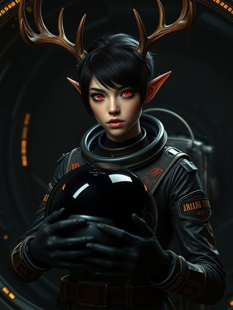 Glowing Red-Eyed Huntress in EVA Suit