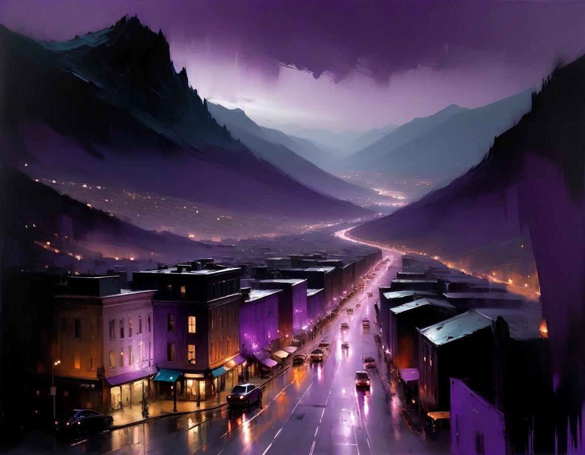 Purple Midnight Cityscape in Oil Painting Style