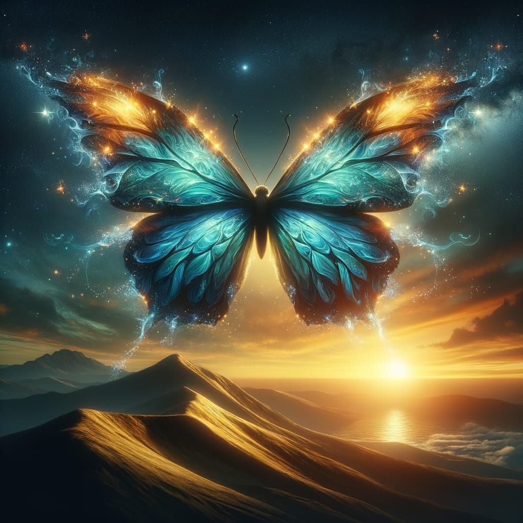 Mystical Butterfly on Hill at Sunset, 8K Artistic Photograph...