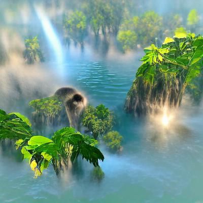 Lush Jungle Waterfall with Monkeys in Sunlight