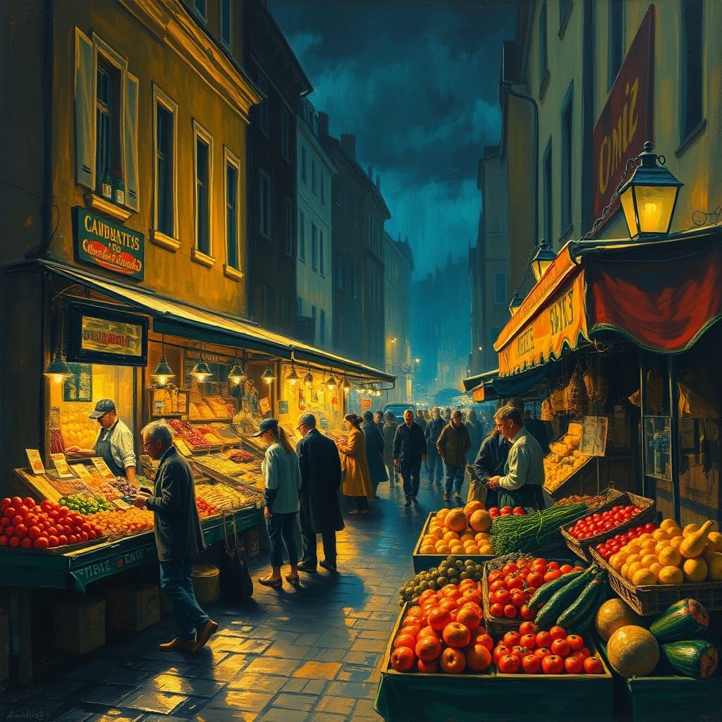 Golden Night Market Scene with Fruit and Vegetable Vendors