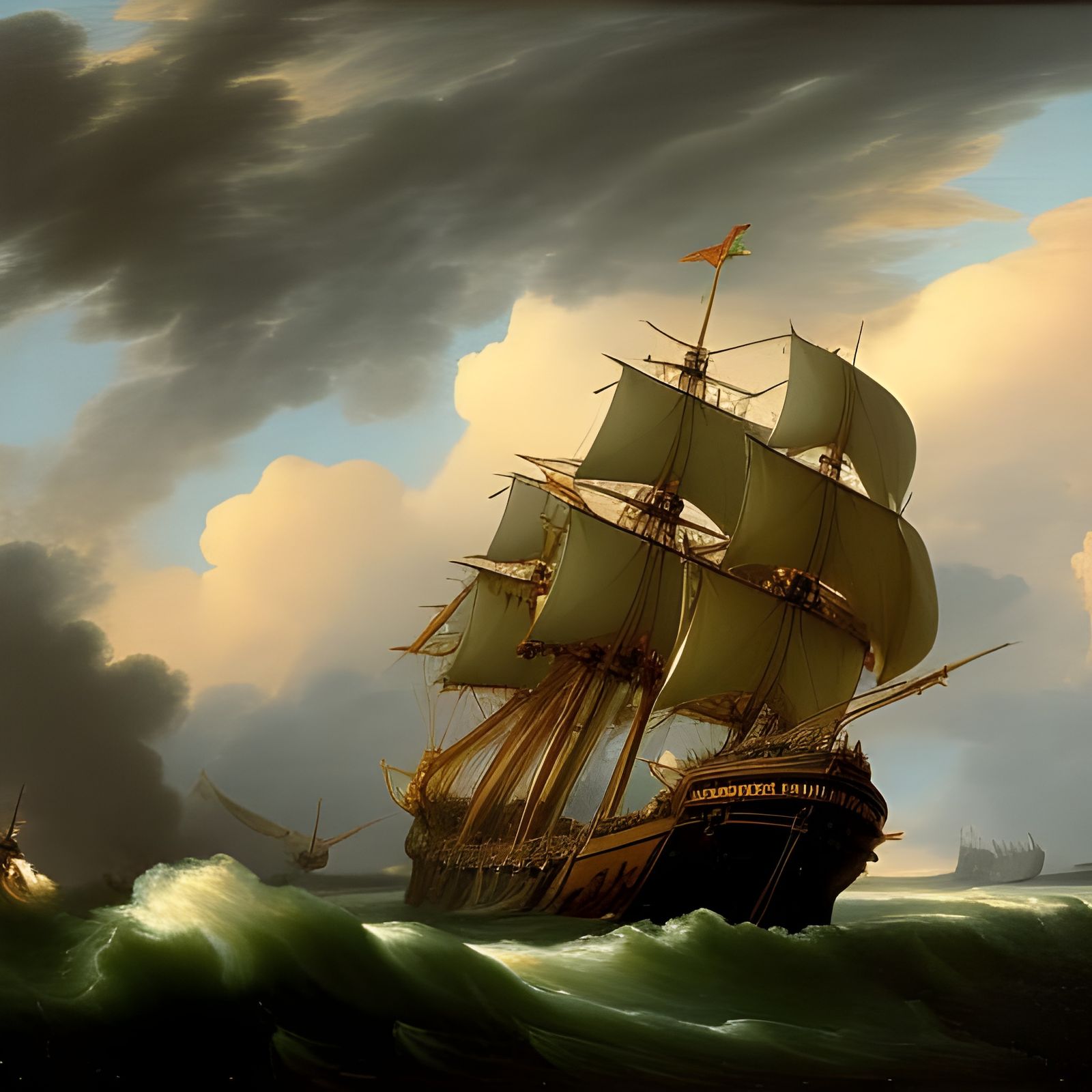 War Galleon Braving Storm in Neoclassical Style