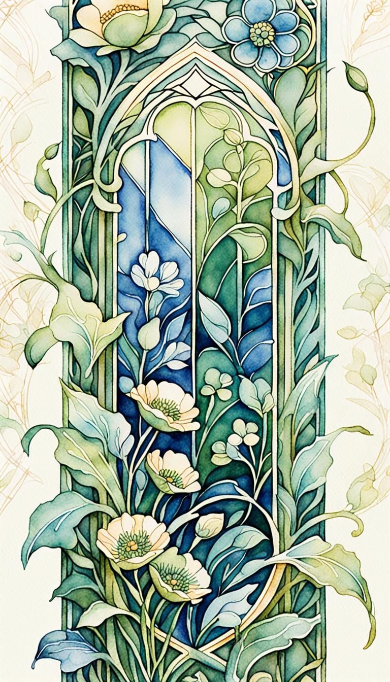 Floral Bookmark: Watercolor Art Nouveau Illustration