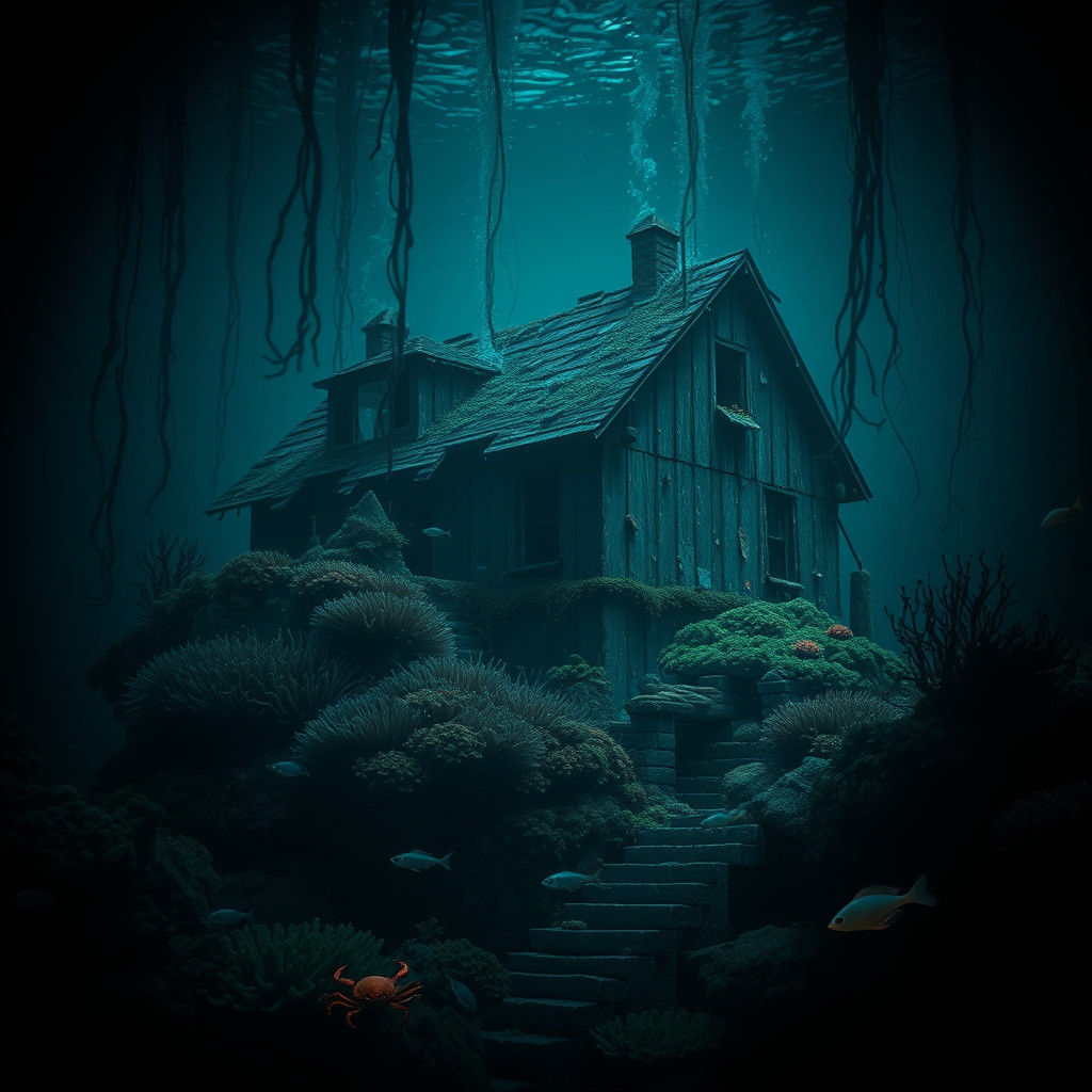 Underwater House Covered in Coral: Surrealist Concept Art