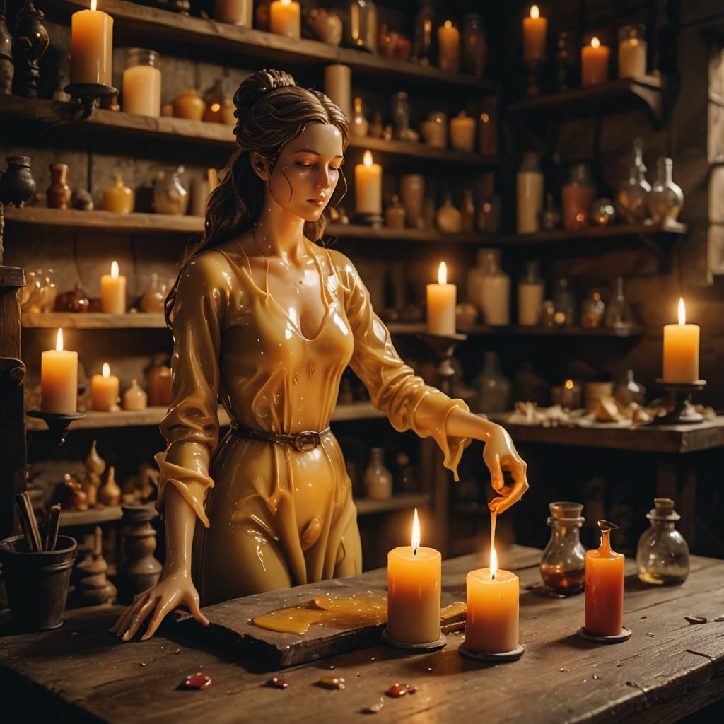 Melting Wax Woman Candle in Alchemist's Workshop