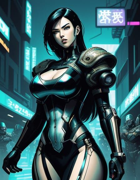 Snow White. She is curvy and lithe-bodied. Masamune Shirow-style manga art; muscular and feminine characters, detailed f...