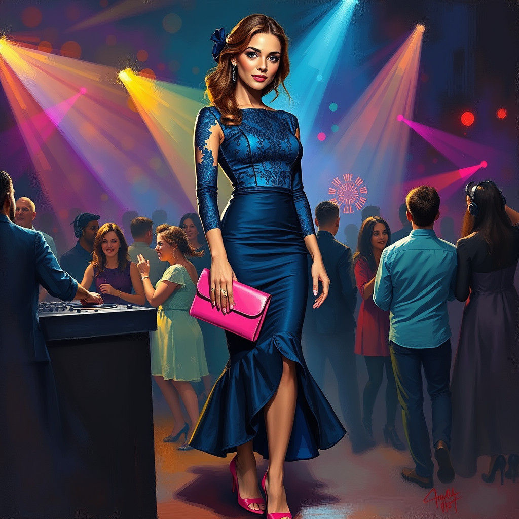 Woman in Blue Dress at Party as Oil Painting