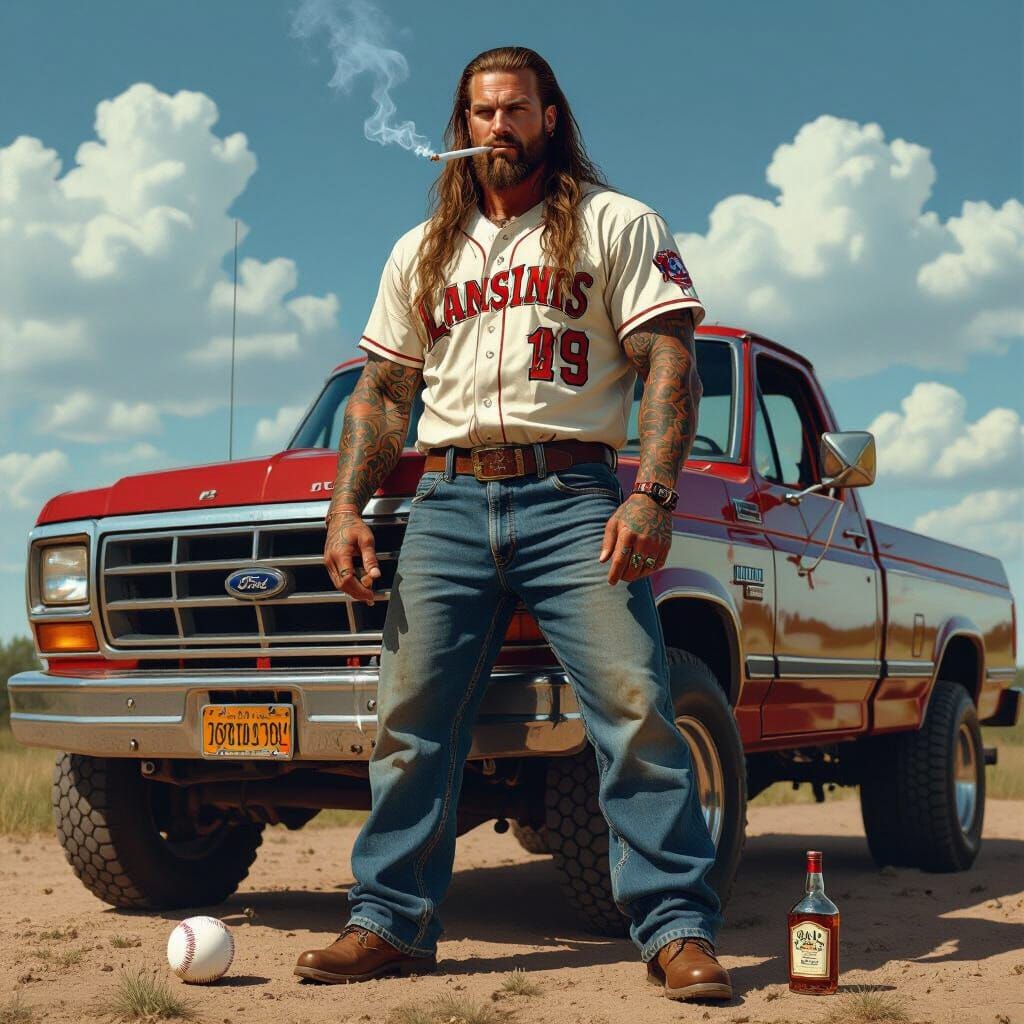 Hyperrealistic Portrait of Sky Joe III with Vintage Truck