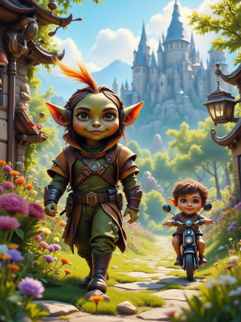 Goblin and Boy on Scooter in Mountain Village