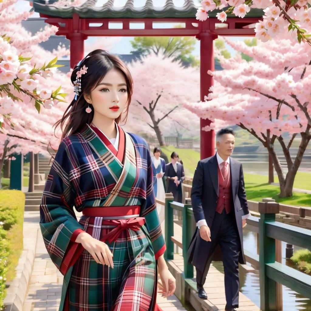 Asian Woman in Plaid Obi at Sakura