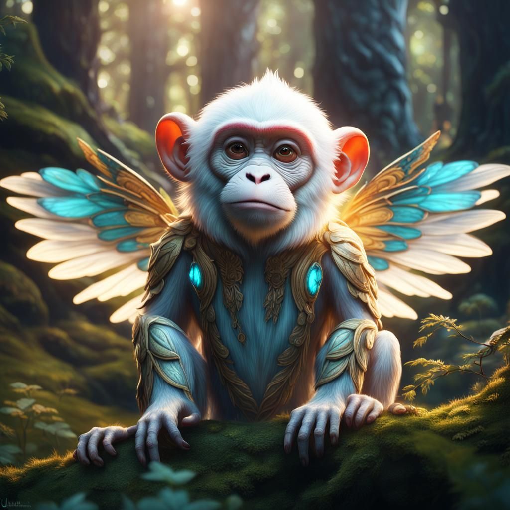 Winged Albino Monkey in Forest: Fantasy Concept Art
