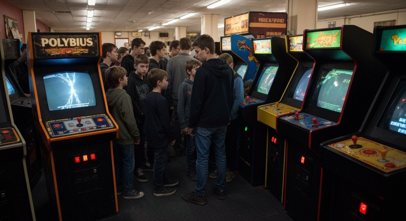 Crowded Arcade with Hypnotic Polybius Game