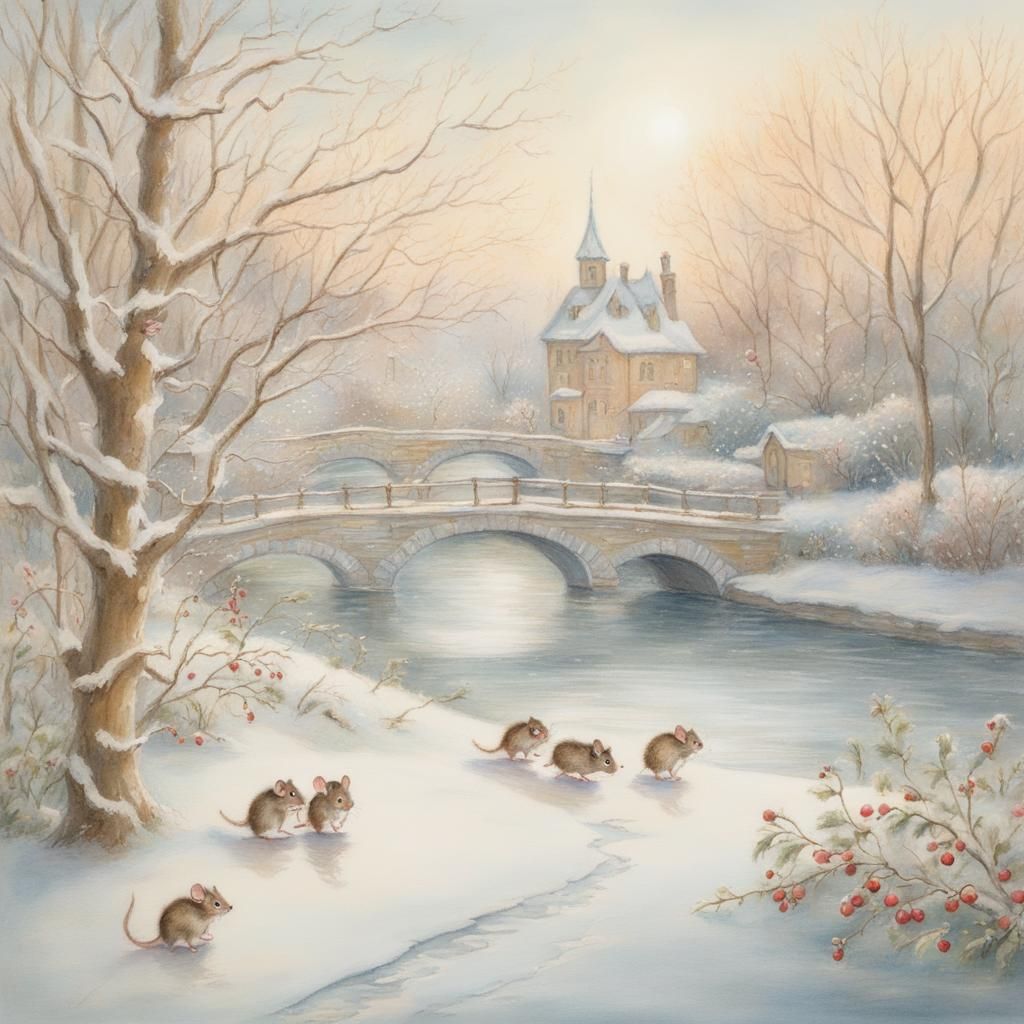 Mice Ice Skating: A Pastel Winter Scene