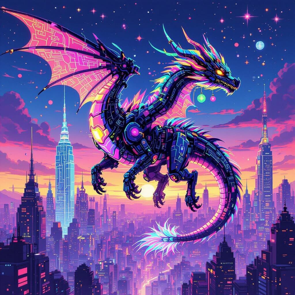 Cybernetic Dragon Soars Over Retro-Futuristic City in 80s An...