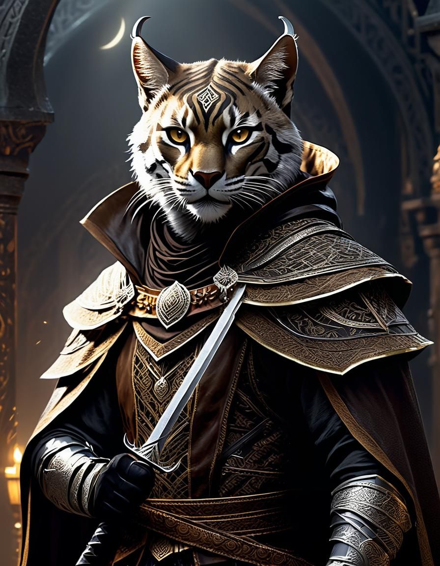 Surreal Dark Fantasy Rogue in Khajiit-Inspired Armor with Or...