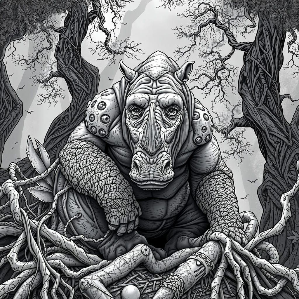 Hyperrealistic Jungle Gorilla-Rhino Hybrid in Decrepit, Mist...