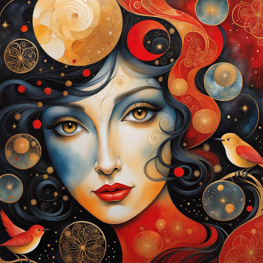 Double Exposure Portrait with Birds in Watercolor Style