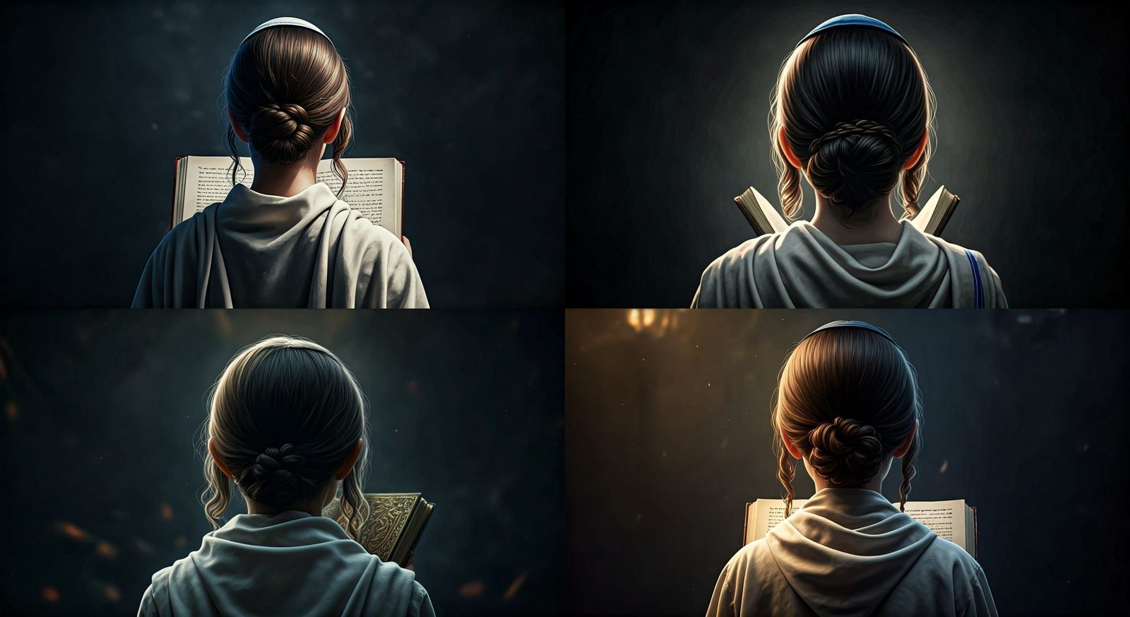 Jewish Girl in Prayerful Contemplation amidst a Calm Gray-Br...