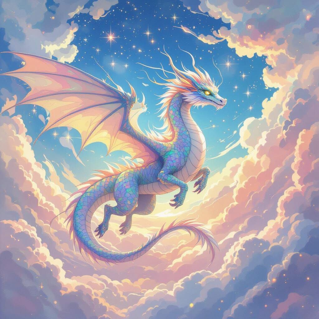 Celestial Dragon Soaring Through Ethereal Sky, Anime Style