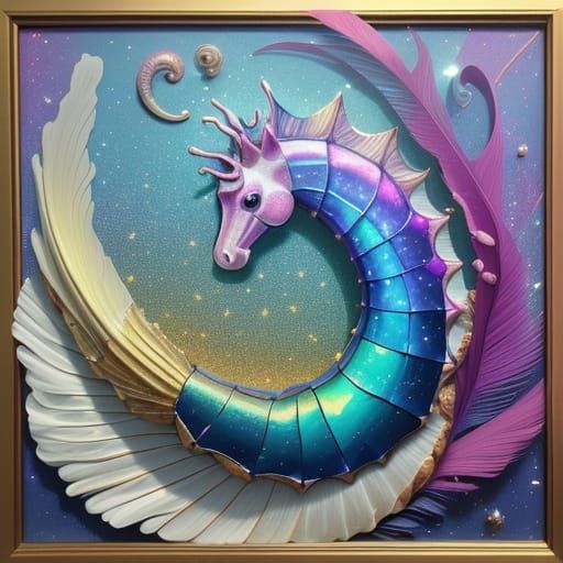 Surreal Seahorse Snail Kissing in Feather Frame with Glitter