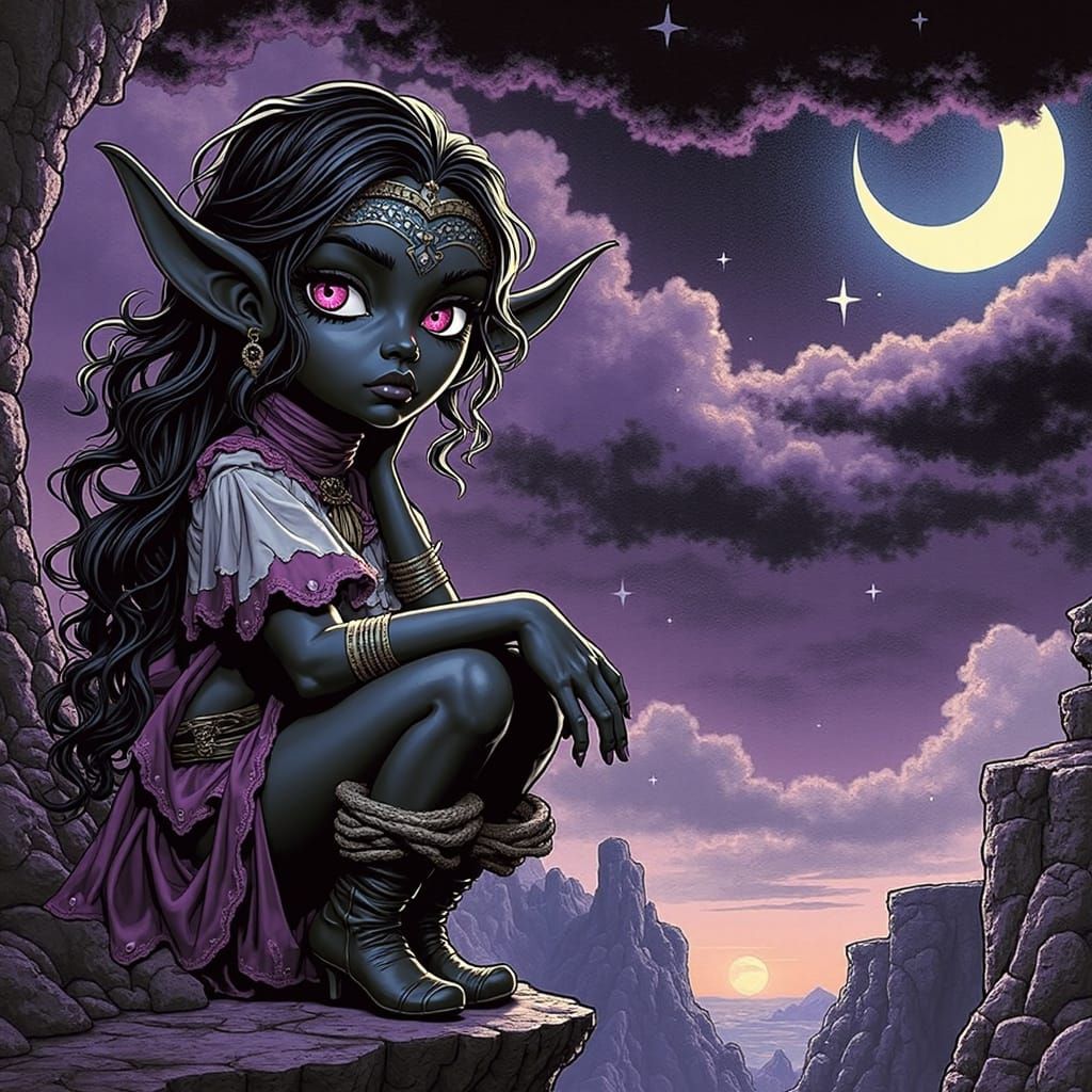 Elf Maiden on Purple Cliff in Dark Fantasy Style