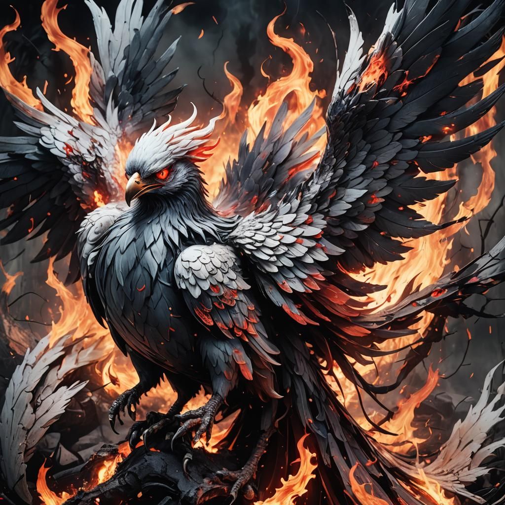 Demonic Porcelain Phoenix Rises: Anime-Inspired Illustration