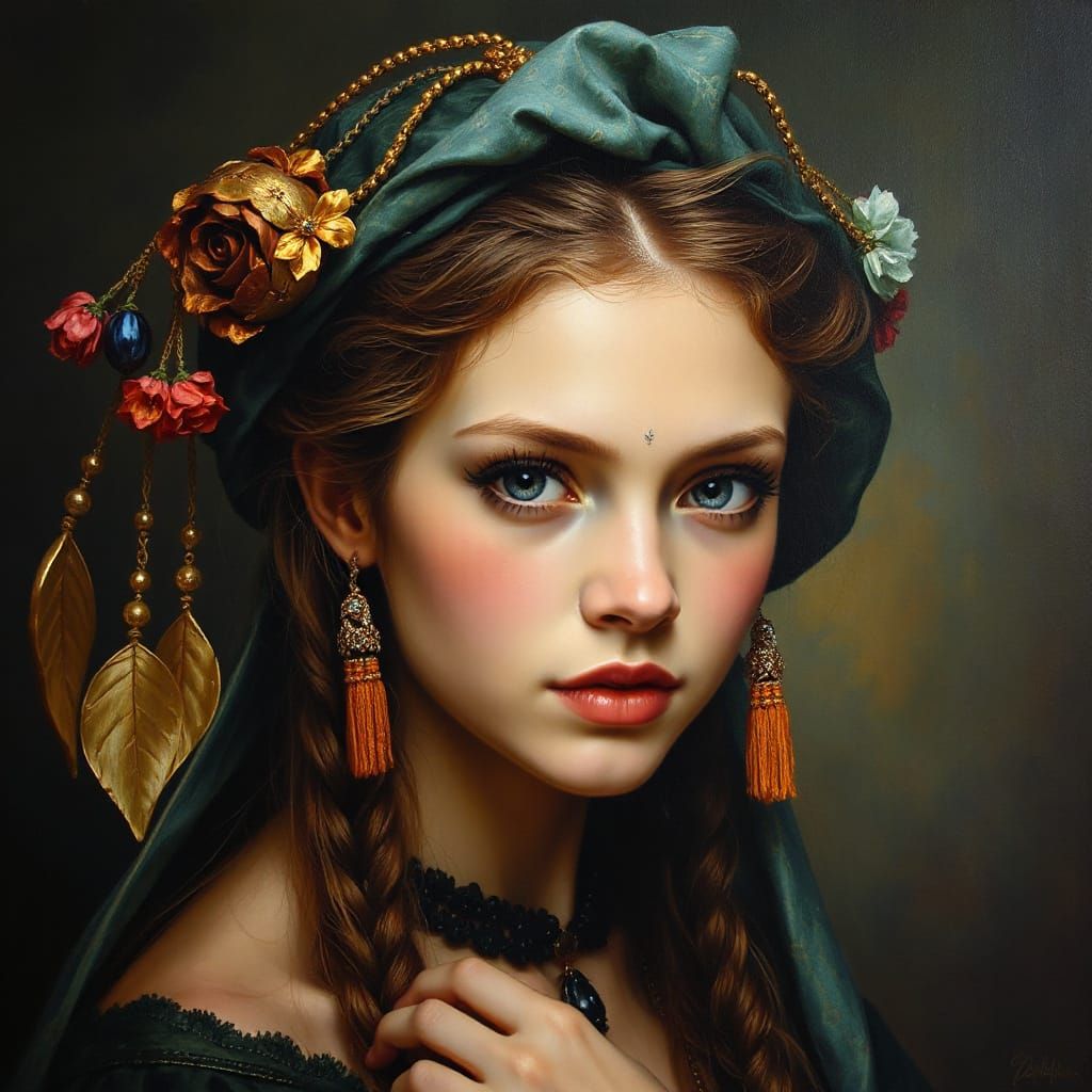 Romany Gypsy Girl Oil Painting in Chiaroscuro Style
