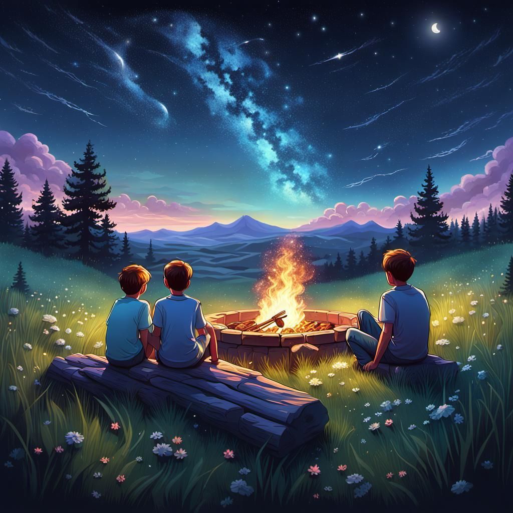 Night Sky Scene with Twins, as 3D Digital Art