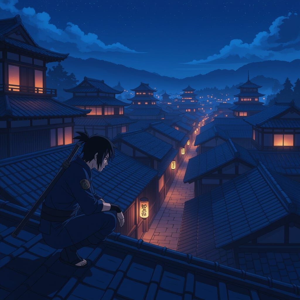 Shinobi Crouching on Rooftops at Night, Anime Style