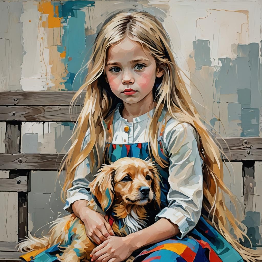 Girl with Collie Dog in Abstract Art Style