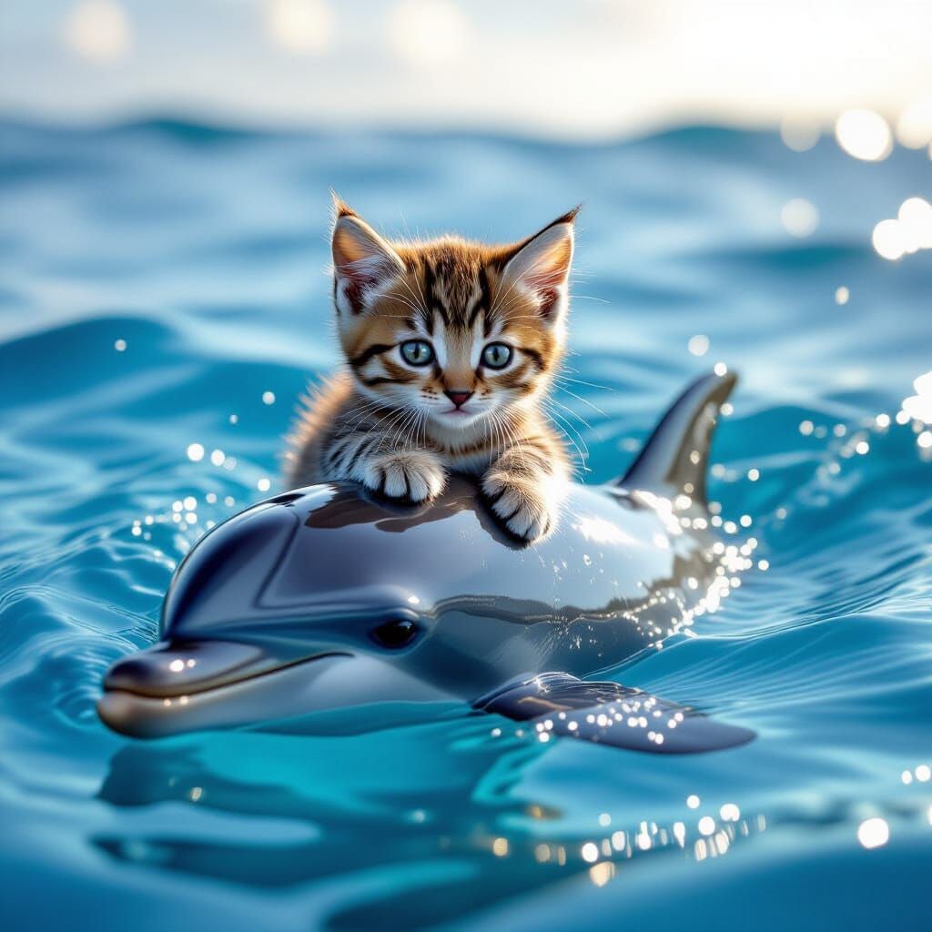 Playful Kitten Rides Dolphin in Summer Ocean