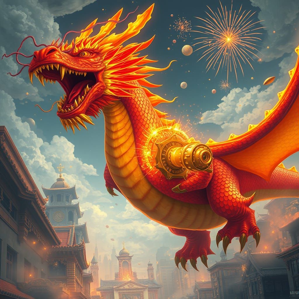 Celestial Fire Dragon Descends on City