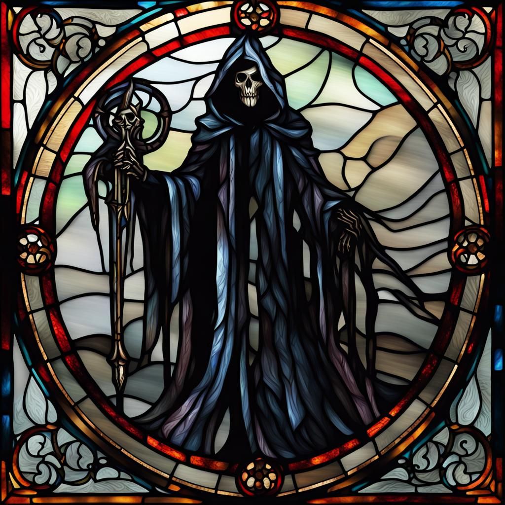 The Grim Reaper in Stained Glass Expressionism