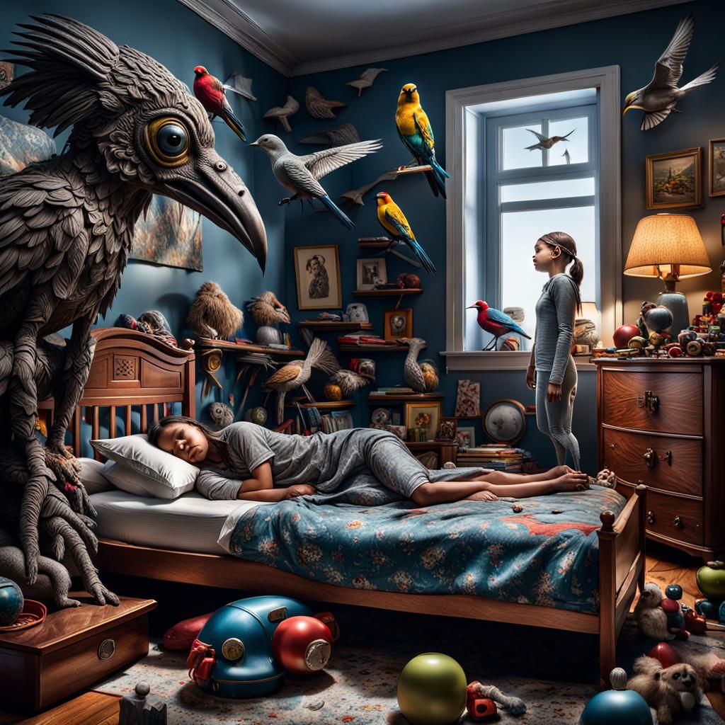 Surreal Bird Woman in Child's Room: Hyperrealistic