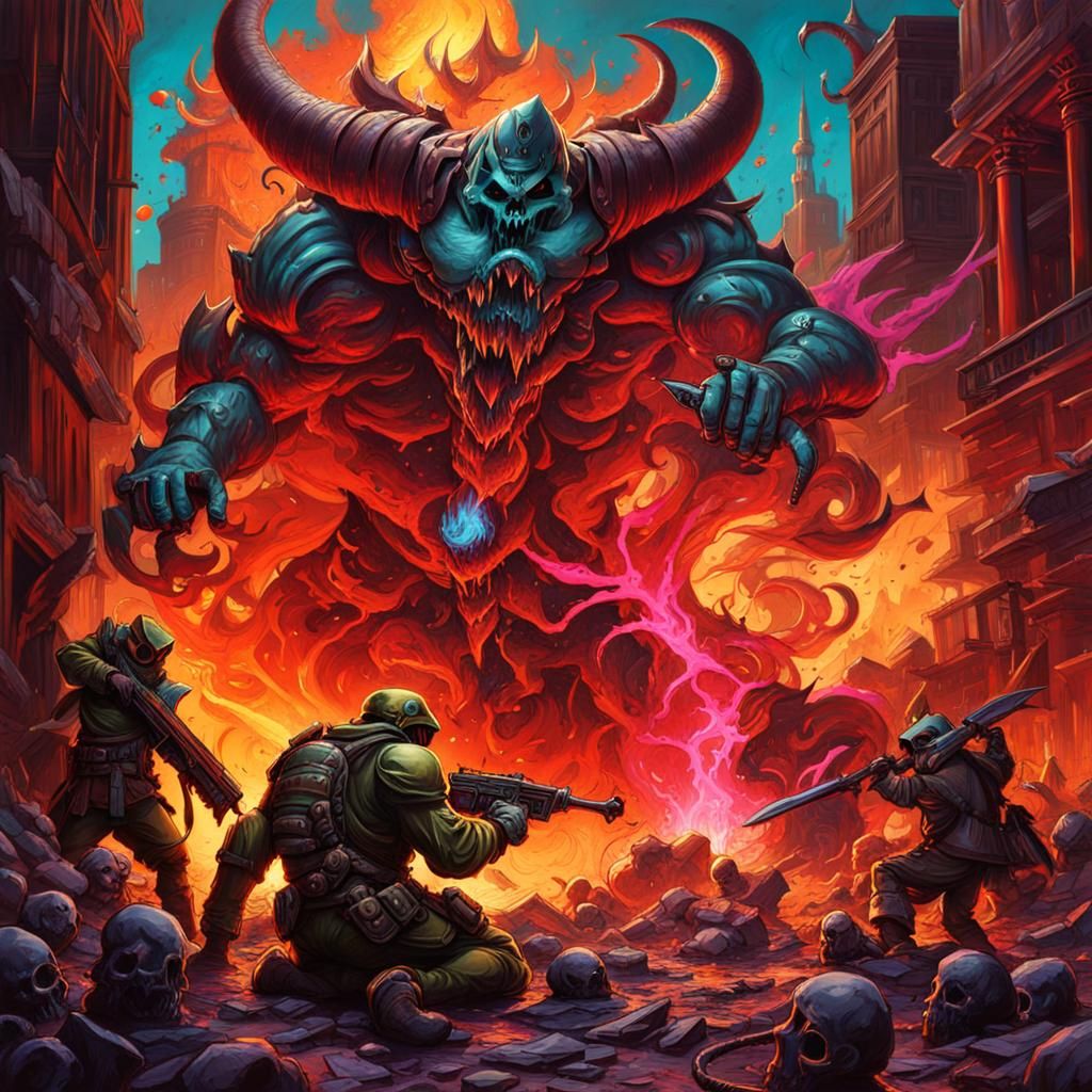 Doom Guy vs Demon in Destroyed City Graffiti Art