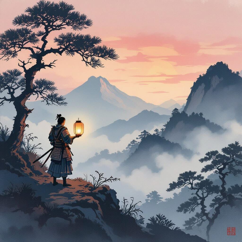 Samurai on Misty Peak with Lantern, Ukiyo-e Style