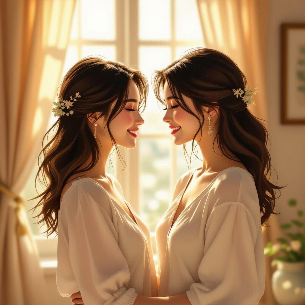 Woman Smiling in Morning Sunlight: Dreamy Art Nouveau Illust...