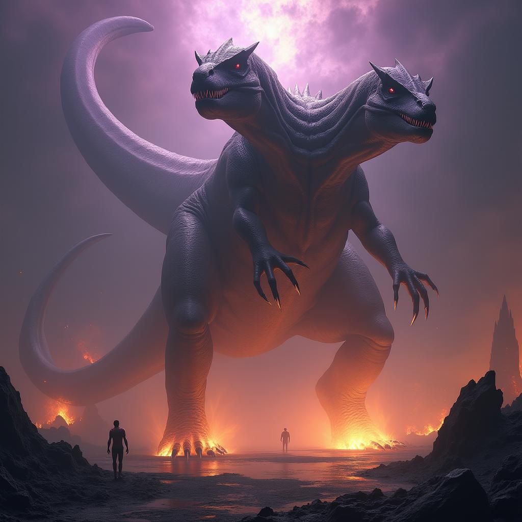 Colossal Two-Headed Tyrannosaurus Rises from Hellscape