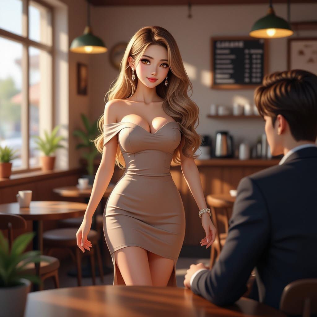 Stunning Chinese Woman in Coffee Shop, Anime Style