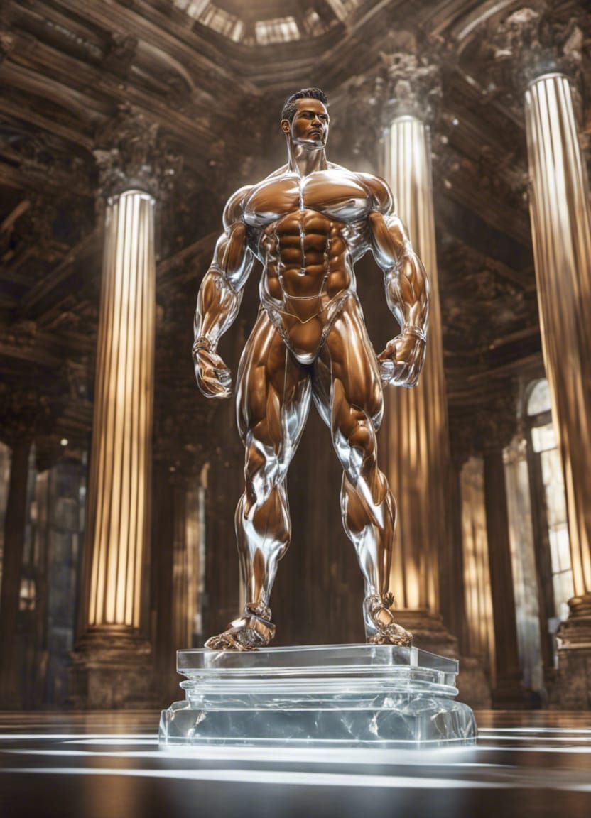 Glass Bodybuilder Flexing Crystalline Muscles in Bright Ligh...