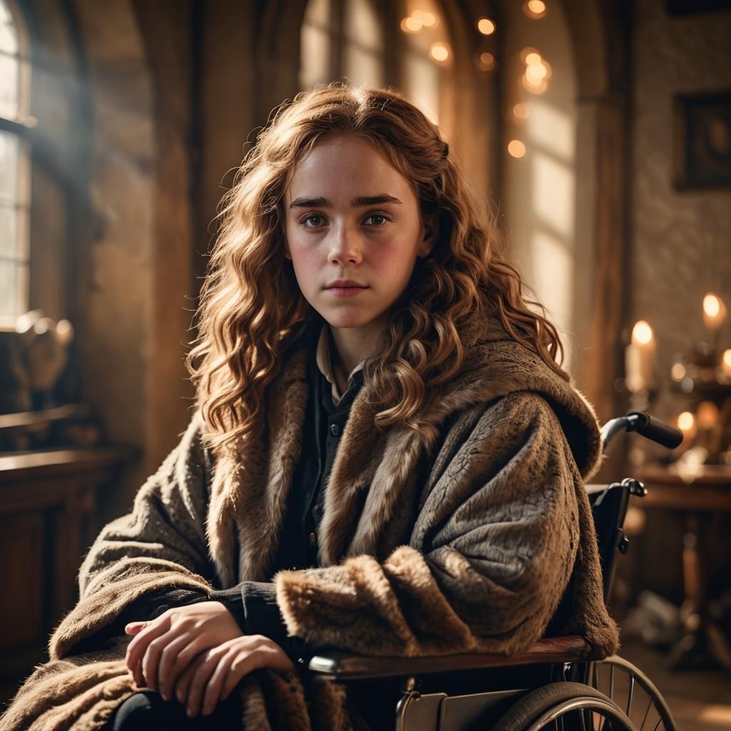 Hermione Granger Portrait in Wheelchair with Fur Cloak