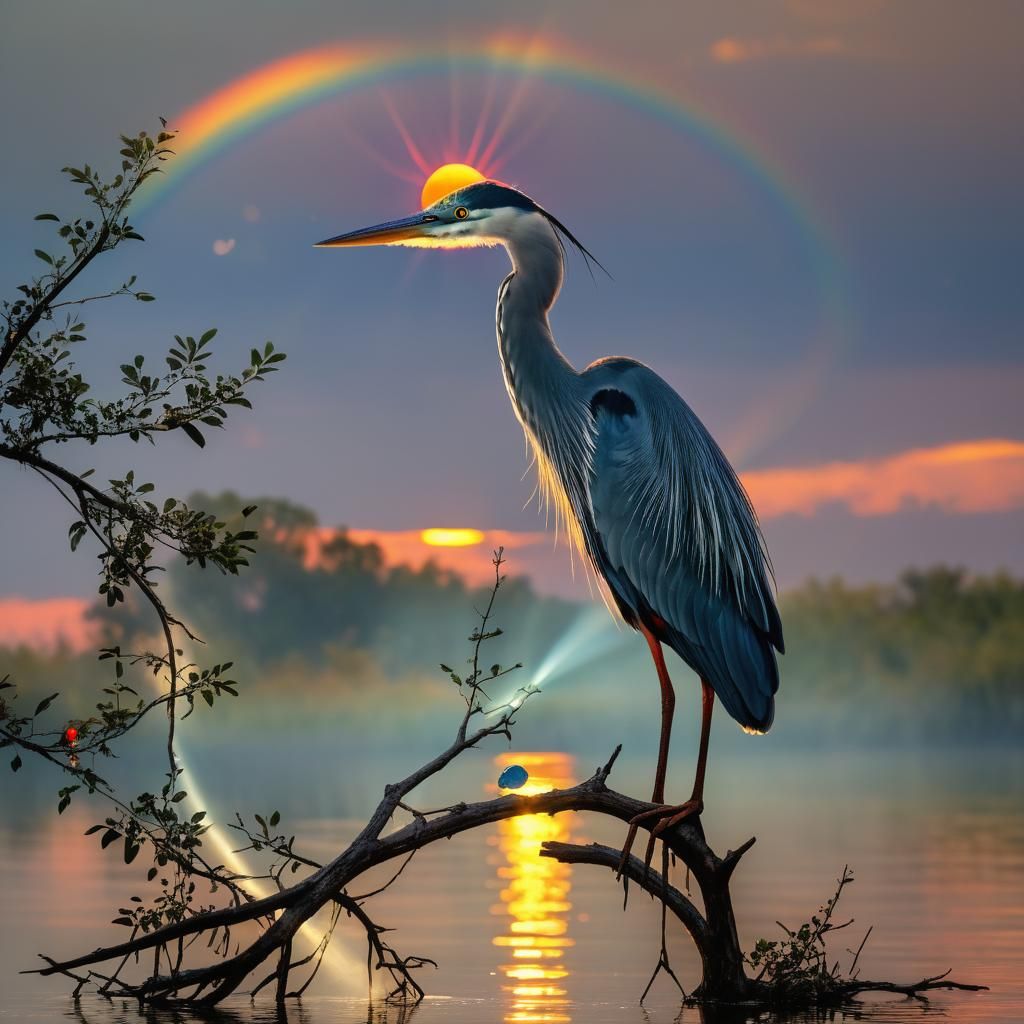 Sparkling Blue Heron Sunset in Gouache Watercolor
