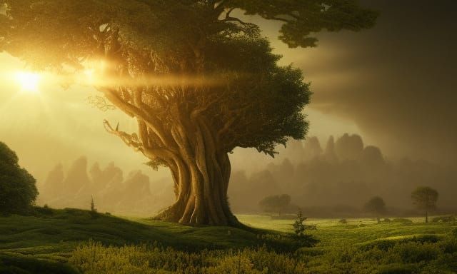 Epic Trees and Sun in Digital Matte Painting