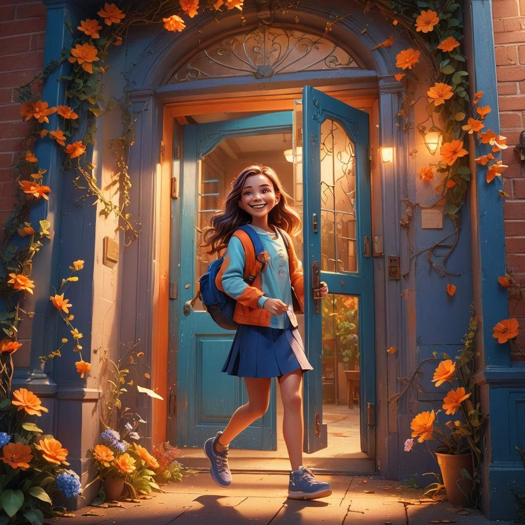 Smiling Girl Leaving School, Matte Painting in Vibrant Color...